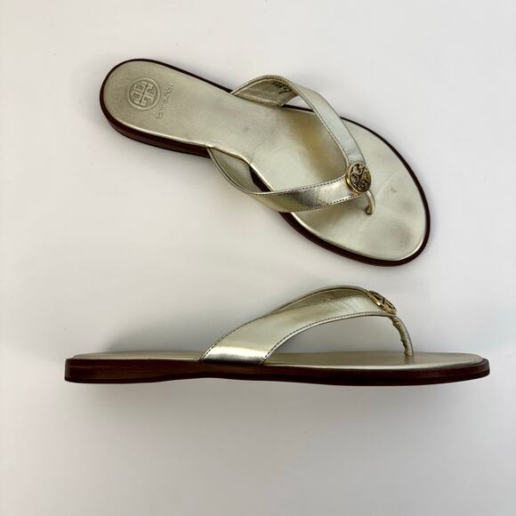 Tory Burch Benton Spark Gold Metallic Leather Thong Slippers Sandal US 10M - Picture 2 of 11